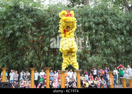 Saigon - Feb 03, 2014: Lion dancing auf Blume Säulen (Mai Hoa Thung) bei Tao Dan Park, Ho Chi Minh City, Vietnam am Neujahrsfest. Stockfoto