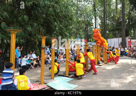 Saigon - Feb 03, 2014: Lion dancing auf Blume Säulen (Mai Hoa Thung) bei Tao Dan Park, Ho Chi Minh City, Vietnam am Neujahrsfest. Stockfoto