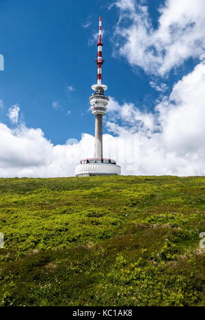 Praded Hügel mit Kommunikation Turm und Bergwiese in jesenky Berge in der Tschechischen Republik während des schönen Tag mit blauem Himmel und Wolken Stockfoto