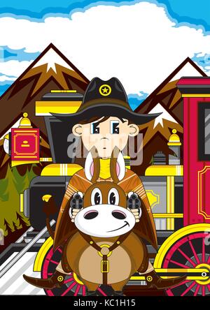 Cartoon Wild West Cowboy auf Pferd mit Steam Train Stock Vektor