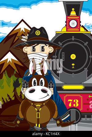 Cartoon Wild West Cowboy auf Pferd mit Steam Train Stock Vektor