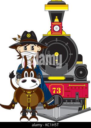 Cartoon Wild West Cowboy auf Pferd mit Steam Train Stock Vektor