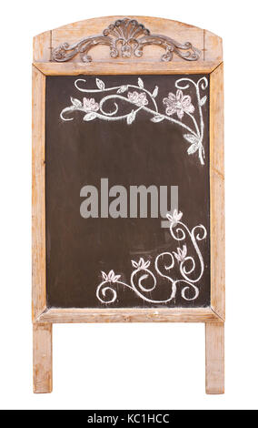 Holz- Schild mit leeren schwarzen Menü Vorstand mit floralen Ornament, in Kreide gezeichnet. Auf weissem Hintergrund Stockfoto