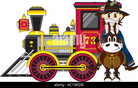 Cartoon Wild West Cowboy auf Pferd mit Steam Train Stock Vektor