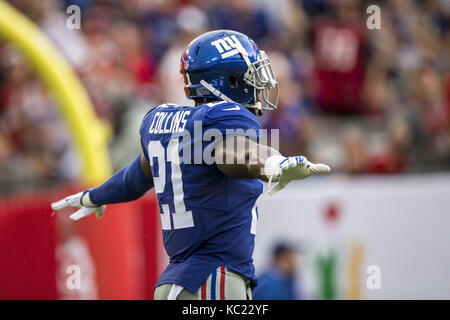 Tampa, Florida, USA. 31 Aug, 2017. New York Giants starke Sicherheit Landon Collins (21) reagiert nach einem unvollständigen Pass während des Spiels gegen die Tampa Bay Buccaneers am Sonntag, den 1. Oktober 2017 bei Raymond James Stadion in Tampa, Florida. Credit: Travis Pendergrass/ZUMA Draht/Alamy leben Nachrichten Stockfoto