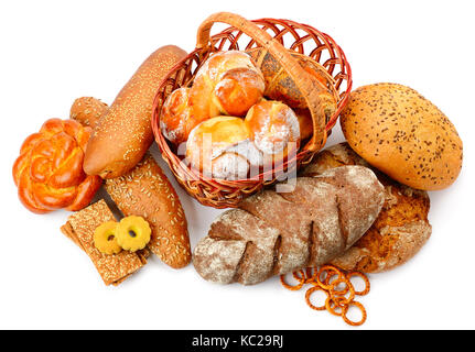 Sammlung von Brot Produkte auf weißem Hintergrund. Brot, Brötchen, Gebäck, Kekse. Stockfoto