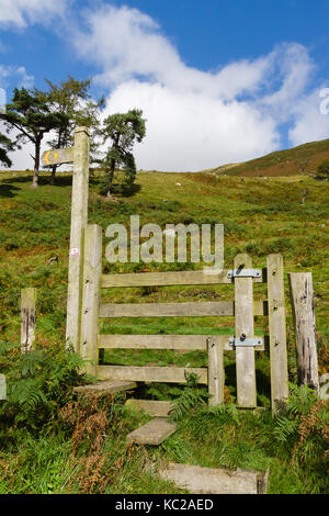 Ländliche Schild und hölzernen Stil auf einem Wanderweg, die den Berwyn Mountain Trail in Wales, Großbritannien Stockfoto