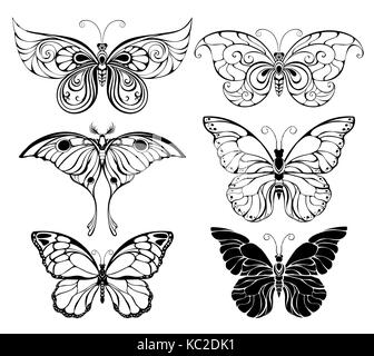 Einstellen der kunstvoll gezeichnet, Outline, Schwarze Schmetterlinge auf einem weißen Hintergrund. Schmetterlinge. Element des Designs. Stock Vektor