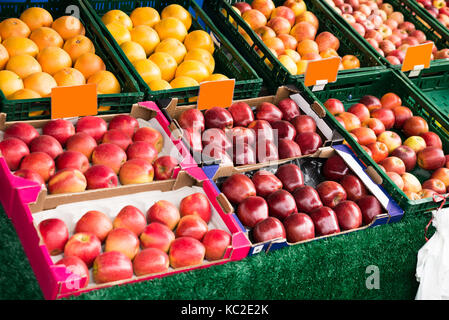 Frische Früchte in Feld angezeigt am Markt Stockfoto