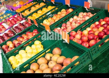 Frische Früchte in Feld angezeigt am Markt Stockfoto