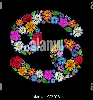 Krebs Sternzeichen Blumenarrangement. Horoskop Astrologie Mode, floraler Stickerei patch Design vorlage. Textur stitch Wirkung. Textildruck auf Bl Stock Vektor