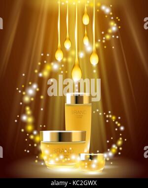 Goldene öl Hautpflege ads. Banner Hintergrund Vorlage Förderung creme Gold Paket. Licht funkelt Marke 3d realistische detaillierte Vektor illustra Stock Vektor