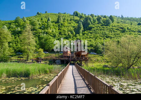 Düzce, Türkei - 29. APRIL 2017: Efteni See mit Seerosen und lange Pier in Düzce, Türkei. Stockfoto