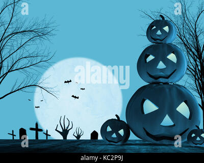 3D-rendering Halloween Kürbis und Zombie hand Steigende auf blauem Hintergrund Stockfoto