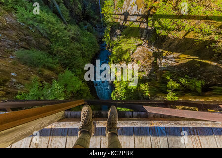 Blick von der Hohen Brücke über den Hoh Hoh River, wo der Hoh eine steile-walled Canyon durch die Hoh Regenwald, entlang der Hoh Rive entfernt geschnitten hat Stockfoto