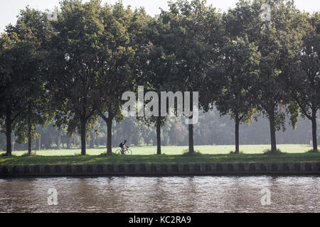 Mann auf Radtouren entlang rijn Amsterdam Canal in Holland zwischen Amsterdam und Utrecht auf sonnigen Sommertag Stockfoto