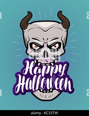 Happy Halloween, Grußkarten. Monster mit Hörnern, Teufel, Dämon Cartoon. Handschriftliche Beschriftung, Kalligraphie Vector Illustration Stock Vektor