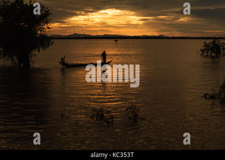 Angeln im Sonnenuntergang auf der Flut Saison, Chau Doc, ein Giang. Die jährlichen Überschwemmungen (zwischen August und November) nährstoffreichen Schlick zu Ackerland Stockfoto