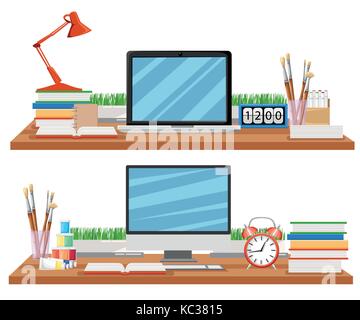Arbeitsplatz im Büro mit Schreibtisch, Regale, Elektronik, Bücher. Moderne Schreibtisch mit Computer, Dokumente und Schreibwaren ist Arbeitsplatz für Web Template b Stock Vektor