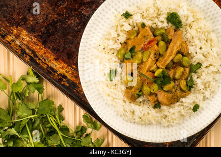 Red Thai Chicken Curry mit Jasmin Reis gegen einen aufgeregten Backofen oder Backblech mit einem Bündel von Corriander Kräuter Stockfoto