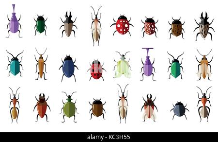 Satz von Insekten Flat Style Design Icons. Schmetterling, Coloradokäfer, Libelle, Wasp, Grashüpfer, Ameisen, Käfer, Marienkäfer, Hummel, Spinne, Skorpion, Acar Stock Vektor