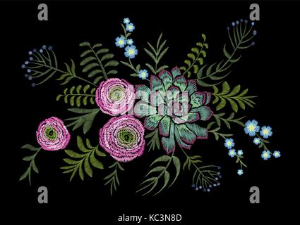Zart rosa Ranunkeln sukkulenten Kraut Feld Blume. Alte Ansichtskarte. Traditionelle Stickereien floralen Muster. Vektor folk fashion Ornament schwarz Bac Stock Vektor