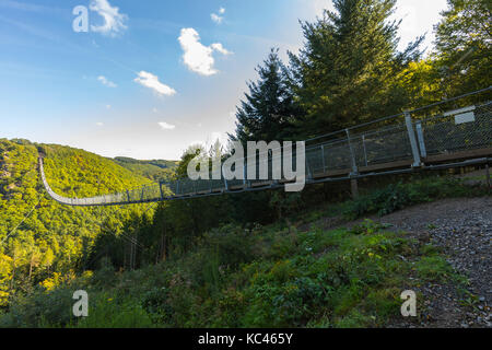 Die Hängeseilbrücke Geierlay Geierlay (Suspension Bridge) ist eine Brücke in den Mittelgebirgen Hunsrück in Deutschland. Es wurde im Jahr 2015 eröffnet. Es ha Stockfoto