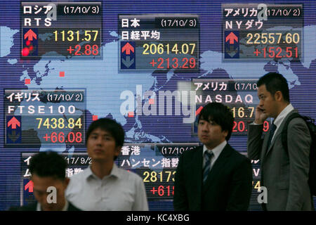 Fußgänger vorbei an einer elektronischen Börse, der anzeigt, Japan's Nikkei Bestand Durchschnitt, der Rose 213.29 Punkte oder 1,05 Prozent auf 20,614.07 zu schließen, seine besten Schlussstand seit August 2015, am 3. Oktober 2017, Tokio, Japan. Credit: Rodrigo Reyes Marin/LBA/Alamy leben Nachrichten Stockfoto