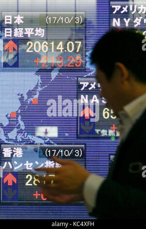 Ein Mann an einer elektronischen Börse, der anzeigt, Japan's Nikkei Bestand Durchschnitt, der Rose 213.29 Punkte oder 1,05 Prozent auf 20,614.07 zu schließen, seine besten Schlussstand seit August 2015, am 3. Oktober 2017, Tokio, Japan. Credit: Rodrigo Reyes Marin/LBA/Alamy leben Nachrichten Stockfoto