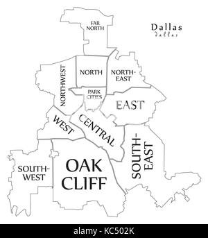 Moderne Stadtplan - Dallas Texas Stadt der USA mit Bezirken und Titel Übersichtskarte Stock Vektor