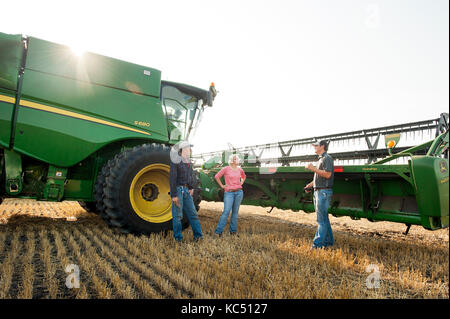 Eine junge weibliche Landwirt Gespräche mit angestellt, Hände, sowie eine GPS-Spezialist, vor der überschrift zum Ernten von Weizen auf der Farm der Familie in Breckenridge, n Stockfoto