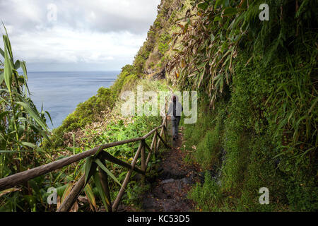 Wandern Sie auf einem Wanderweg an der Südküste in der Nähe von Faja de Lopo Vaz, Insel Flores, Azoren, Portugal Stockfoto