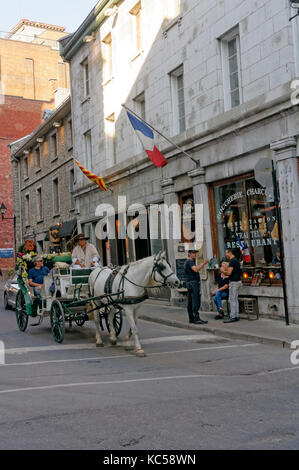 Touristen Reiten in einem Pferdewagen oder caleche auf einer Straße in der Altstadt von Montreal, Quebec, Kanada Stockfoto