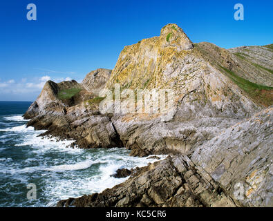 Paviland Klippe, der Gower, South Wales. Teil von Kalkstein Coastal behält sich von Rhossili zu Port Eynon. Lage von Ziegen Loch Höhle. Stockfoto