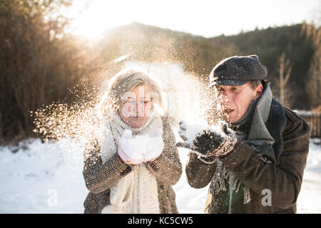 Schönes älteres paar Schneetreiben im sonnigen Winter Natur Stockfoto