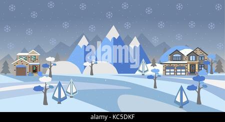 Winter verschneite Landschaft mit Häusern, Bäumen und Bergen. Suburban Gebäude im Winter Landschaft. Flache Vector Illustration. Detaillierte Haus Design Stock Vektor