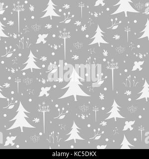 Nahtlose Winter/Weihnachten Muster mit Fichten, Tannen, Beeren, Vögel, Rowan. Vector Illustration. Stock Vektor