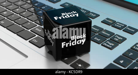 Schwarzer Freitag online Verkauf Konzept. Black Cube auf einem Computer keaboard. 3D-Darstellung Stockfoto