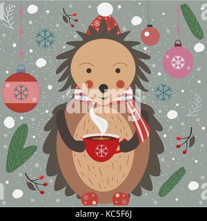 Frohe Weihnachten Igel mit einer Tasse Kaffee. Vector Illustration Stock Vektor