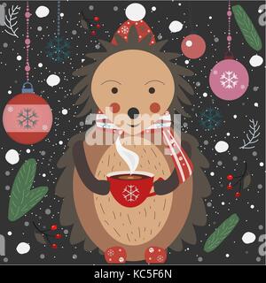 Frohe Weihnachten Igel mit einer Tasse Kaffee. Vector Illustration Stock Vektor