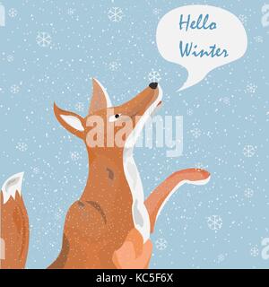 Orange Fox Schneeflocken Fangen und sagen 'Hallo Winter 'Vektor Illustration Stock Vektor