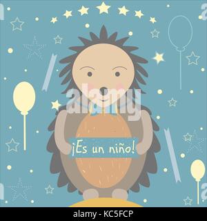"Es un Nino" bedeutet "Es ist ein Junge" in Spanischer Sprache. Baby Geburt Ansage. Süße Igel verkündet die Ankunft eines Jungen. Vom Baby Dusche Stock Vektor