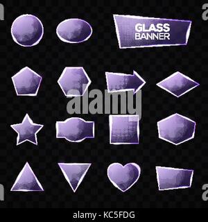 Glasplatten gesetzt. Dreieck, Quadrat, Rechteck, Sechskant, Pentagon, Stern, Herz, Kreis strukturierten Rahmen mit Leuchten und Licht auf transparenten Hintergrund. Technik formen. Realistische Vector Illustration. Stock Vektor