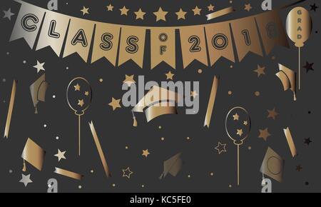 Abschlussfeier Klasse 2 000 18. Goldene Elemente mit dunklem Hintergrund. Abschlussfeier. Flache Bauform. Luftballons, Sterne, graduation Caps, serp Stock Vektor