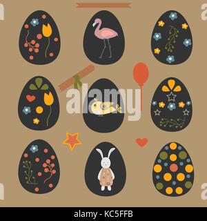 Sammlung von bunten Frohe Ostern Eier mit Blumen, Beeren und Tiere. Retro Style. Bunte Design Vector Illustration. Stock Vektor