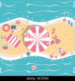 Sommer Vector Illustration. Seashore mit Sommer Strand Objekte. Ab Sommer Kollektion. Hintergrund Vorlage. Für Visitenkarten, Postkarten, Plakate, Banner, e Stock Vektor