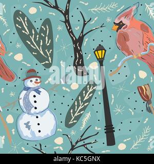 Nahtlose Winter Muster mit niedlichen Schneemann und Kardinal Vogel. Farbenfrohes Design. Vector Illustration. Stock Vektor