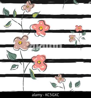 Hand gezeichnet Nahtlose Blumenmuster mit schwarzen Streifen Textur. Pastellfarben von Pink. Moderne Textil. Vector Illustration. Stock Vektor