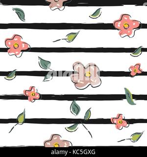 Hand gezeichnet Nahtlose Blumenmuster mit schwarzen Streifen Textur. Pastellfarben von Pink. Moderne Textil. Vector Illustration. Stock Vektor
