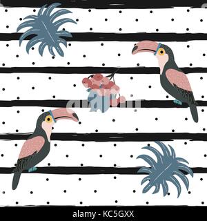 Toucan Vogel nahtlose Muster mit schwarzen Streifen und Punkten. Hand gezeichnet. Vector Illustration. Stock Vektor
